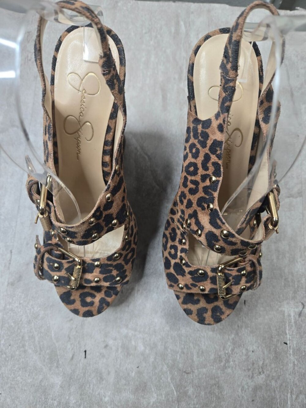 Platform Wedge Sandals 8.5 Leopard Print Peep Toe Studded Buckle Y2k Retro Glam - Picture 2 of 12